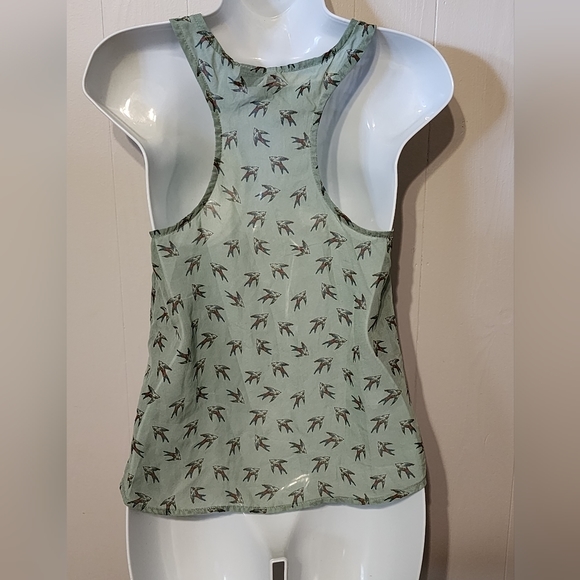 Sheer Button Front Sleeveless Shirt with Birds Small Green Fire Los Angeles A169 - Picture 3 of 5